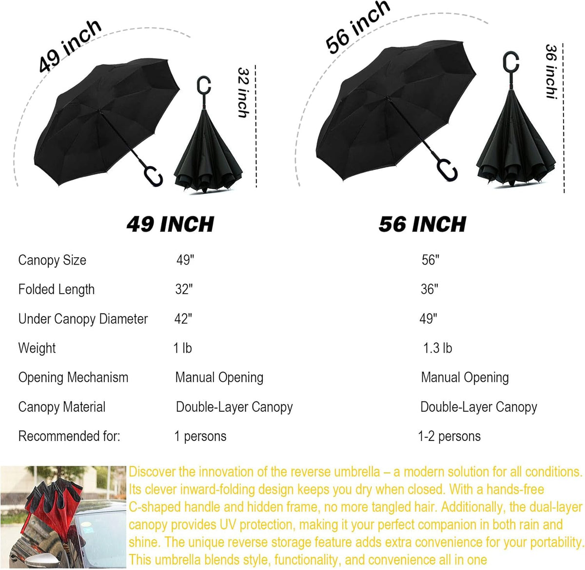 SIEPASA Inverted Reverse Umbrella - Extra Large Double Canopy, Windproof & Waterproof | 49/56 Inch