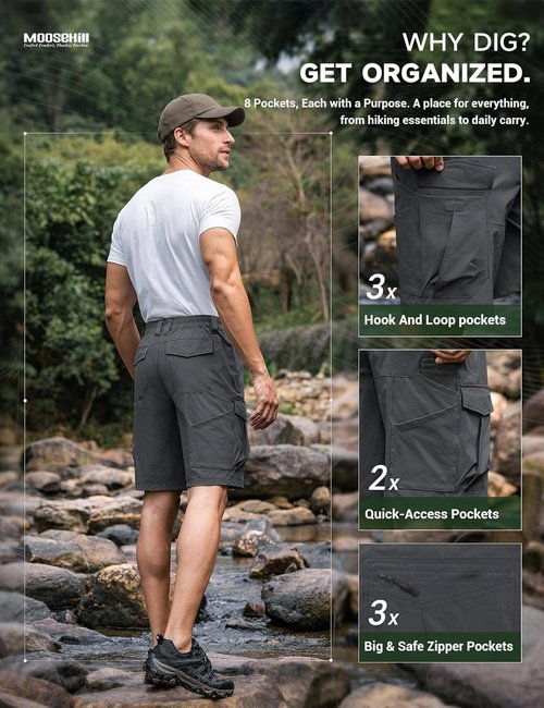 Moosehill Hiking Shorts - Lightweight Quick-Dry Cargo Shorts with 8 Pockets | Water-Resistant for Outdoor Adventures