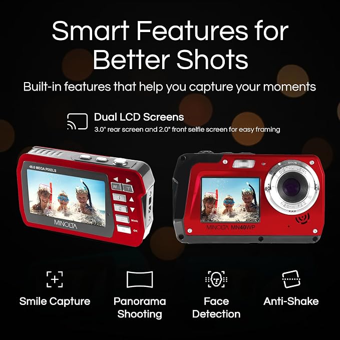 Minolta MN40WP 48MP Waterproof Digital Camera – Dual LCD Screens, 2.7K QHD Video