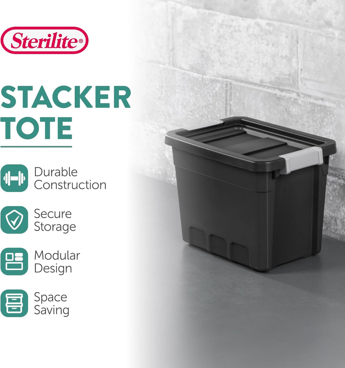 Sterilite 12-Pack Plastic Storage Bins with Lids, Stackable Containers, 7.5 Gallon, Black