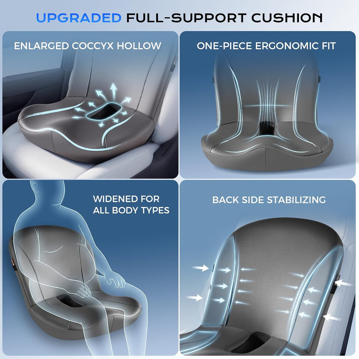 Coverado Car Seat Cushion and Lumbar Support Pillow One Piece, Napa Leather Memory Foam Ergonomic Back Support Driving Seat Cushion for Back Pain, Non-Slip Washable Cushion for Car, Driver, Office
