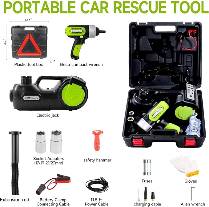 E-HEELP Electric Car Jack Kit 5 ton 12V Hydraulic Car Jack Lift (Lifting Range: 5.3-14.17inches) with Impact Wrench Inflator Pump for Car SUV Sedan MPV, LCD Display and Tire Pressure Monitor