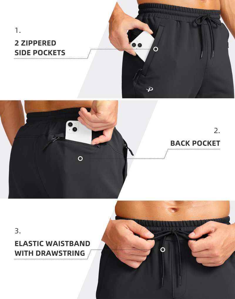 Pudolla Men's Fleece Joggers with 3 Zipper Pockets Warm Athletic Pants Winter Workout Gym Running Sweatpants for Men(Black L)