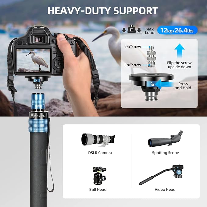SIRUI P-424FL Carbon Fiber Camera Monopod Kit, Tripod Base, Flip Locks