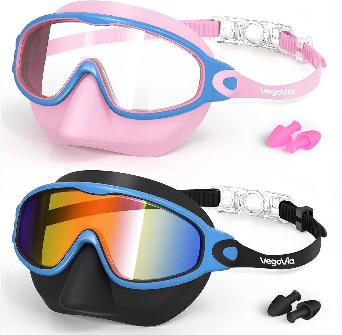 VegoVia Kids Swim Goggles - Anti-Fog UV Protection with Nose Cover | 2 Pack for Ages 3-15