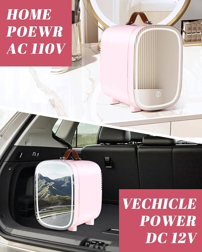 Mini Fridge for Bedroom, 4 Liter/6 Can Skincare Fridge With LED Mirror & Leather Carrying Handle,12v AC/DC Cooler & Warmer Portable Small Refrigerator for Drinks, Makeup, Dorm, Office and Car(Pink)
