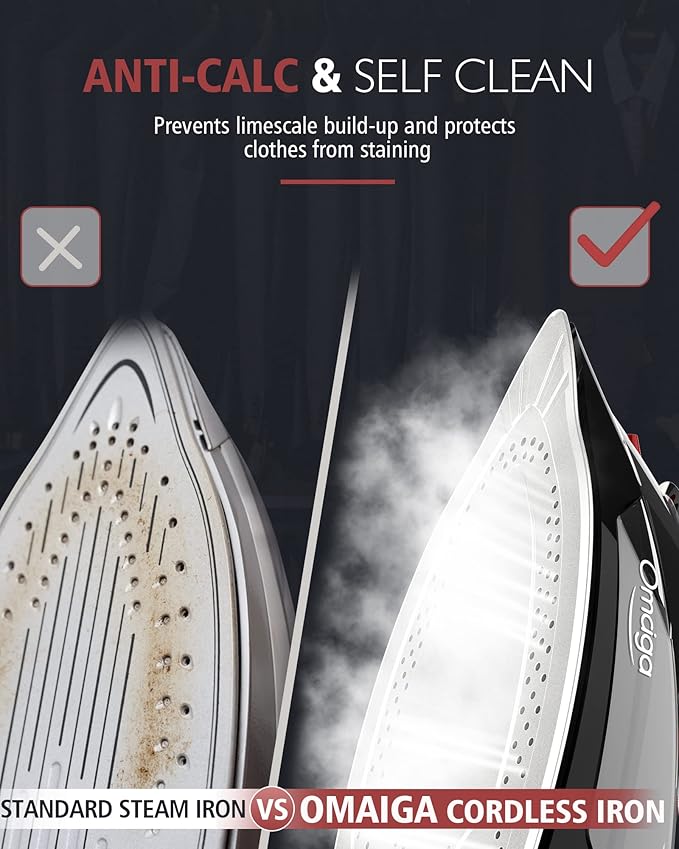 Cordless Iron for Clothes, 1500W Steam Iron with Non-Stick Ceramic Soleplate, Auto Shut Off, Self-Clean, Burst of Steam, Anti-calc, 3 Temperature Settings, 11.84oz Water Tank, Black