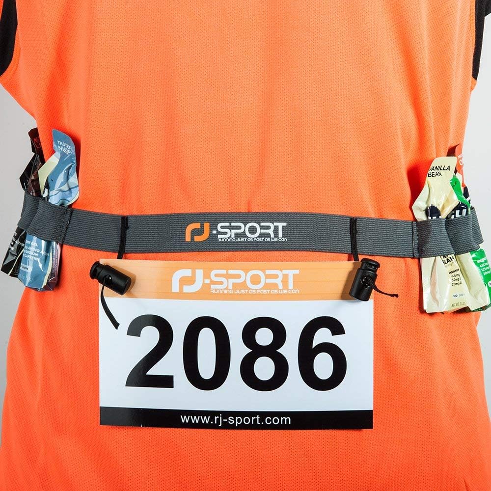 RJ-Sport Race Number Belt - Triathlon Bib Holder with 6 Energy Gel Loops | Ideal for Running & Cycling