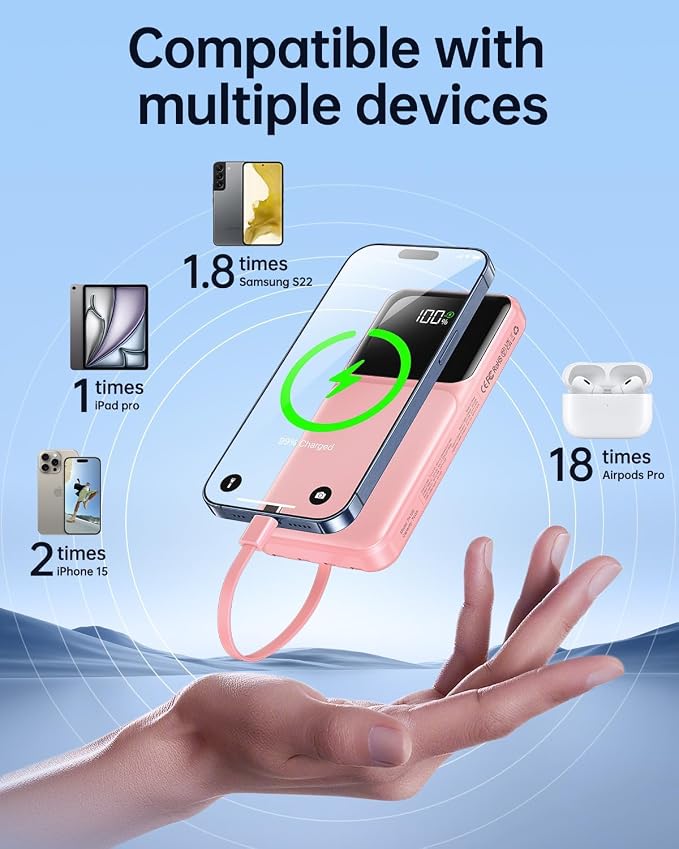 RONEGN Portable Charger with Built in Cable - Power Bank Fast Charging USB C LED Display 10000mah Battery Pack 5 Outputs & 3 Inputs for Travel Essentials iPhone Samsung Android Phones Tablets Pink
