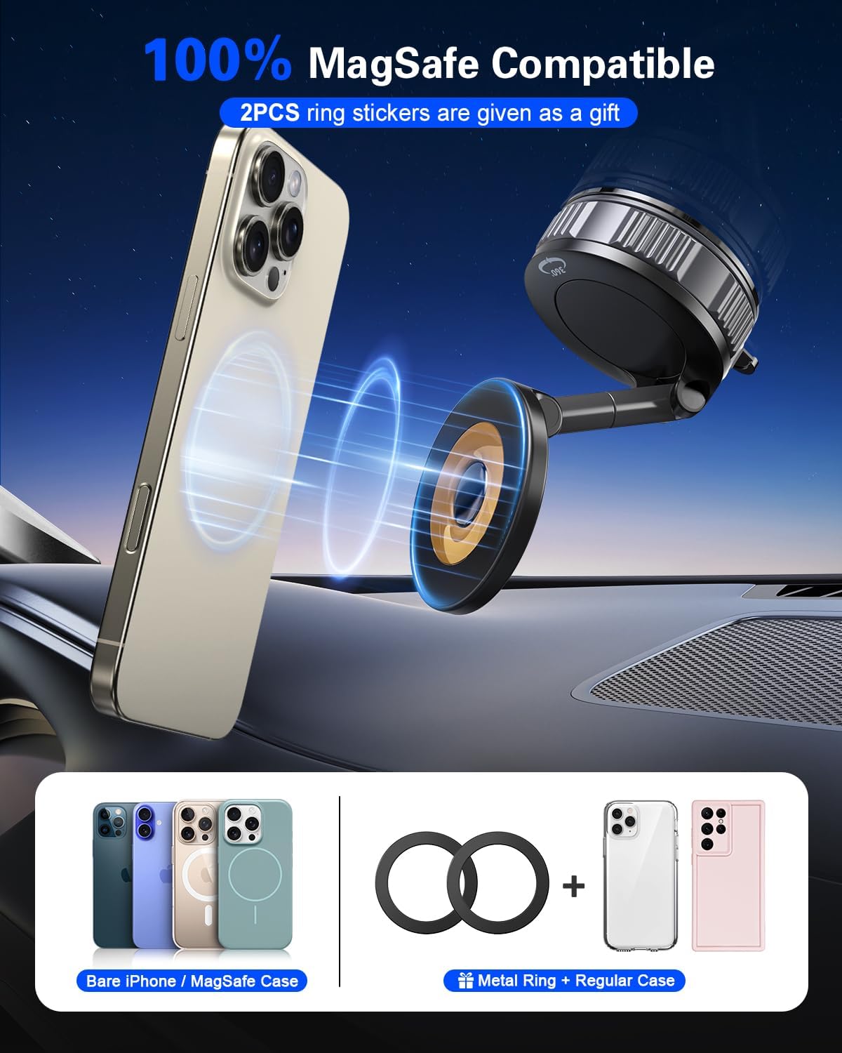 Dashboard Suction Cup Phone Mount for MagSafe iPhone, 360° Magnetic Holder
