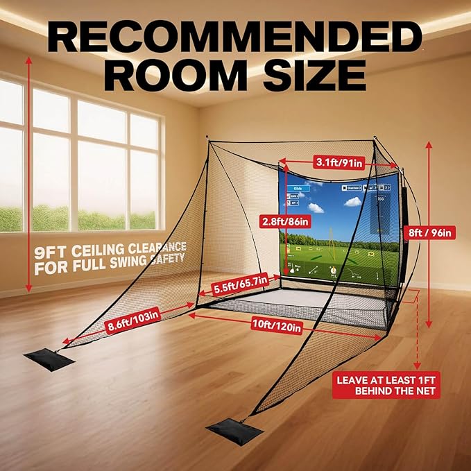 Golf Simulator Cage with Side Barriers&Impact Screen – 10x8 FT Golf Net with Dual-Layer HD Simulator Screen for High-Speed Shots, Practice Net with Ball Return for Indoor Outdoor Backyard