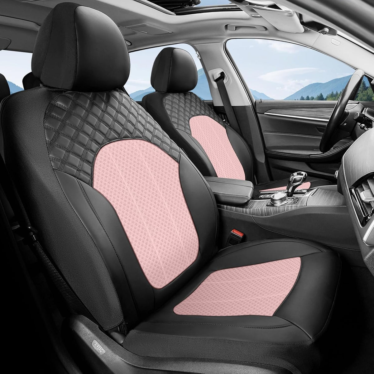 FLORICH Seat Covers Front Seats Pink Seat Cover 2 Pack Leather Mesh Automotive Car Seat Cover Breathable Durable Car Interior Cover Cushion Universal Fit for Most Car SUV Sedan Truck, Black&Pink