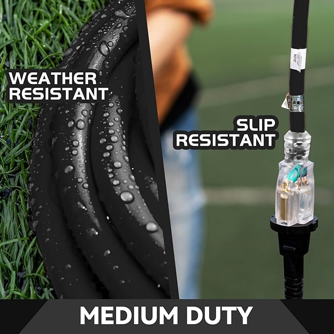 Indoor Outdoor Extension Cord Weatherproof with Lighted End, UL Certified, 16 Gauge 20FT Black 3 Prong Heavy Duty, 16/3 SJTW 13A Power Cord for Outdoor Lights, Lawn