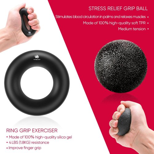 FitBeast Hand Grip Strengthener Kit - 5 Pack with Adjustable Resistance Grippers & Stress Relief Ball