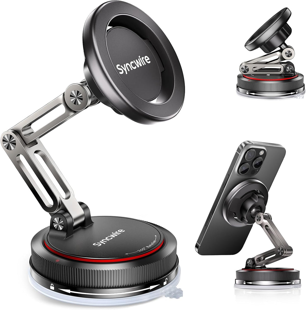 SYNCWIRE for MagSafe Car Mount [3-Axis] Nano Adhesive Gel + Strong Suction Cup Magnetic Phone Holder for Dashboard & Windshield, 360° Adjustable for iPhone 17 16 15 14 13 12, Samsung, Matte Black