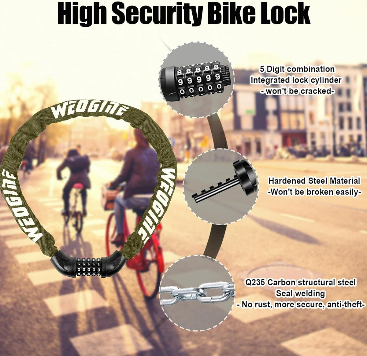 Skiennix Bike Lock - High-Security 5-Digit Combination Chain Lock for Bicycle, Scooter, Motorcycle, Gate