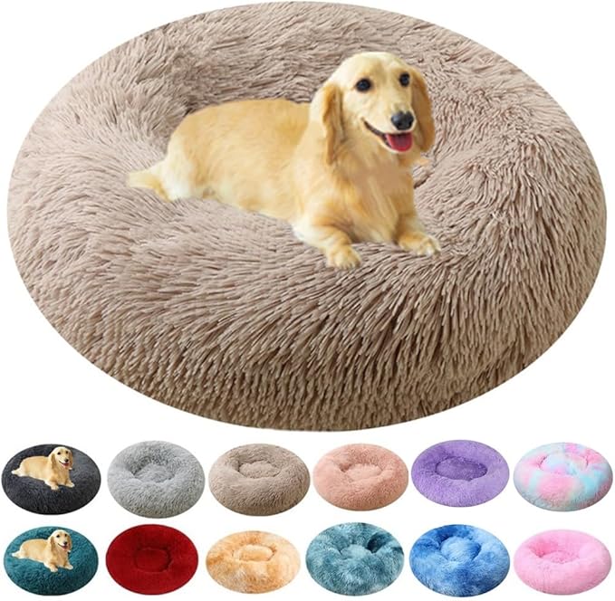 Calming Small Dog Bed Cat Bed, 36 Inch Donut Fluffy Anti-Anxiety Round Bed Washable Cute Bed, Cuddler Warming Cozy Soft Bed, Plush Cushion Bed for Small Medium Dogs and Cats (Khaki)