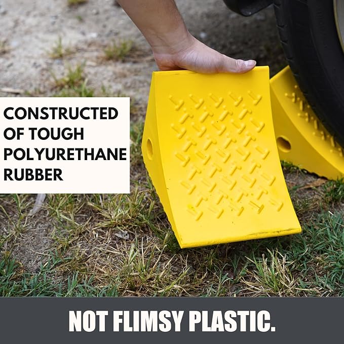 SECURITYMAN Heavy Duty Wheel Chocks (2 Pack) - Durable, Non-Slip, Solid Rubber Wheel Chocks for Boat Trailers, RV, Truck, Camper - Grip on All Surfaces - Trailer Wheel Chocks - Yellow