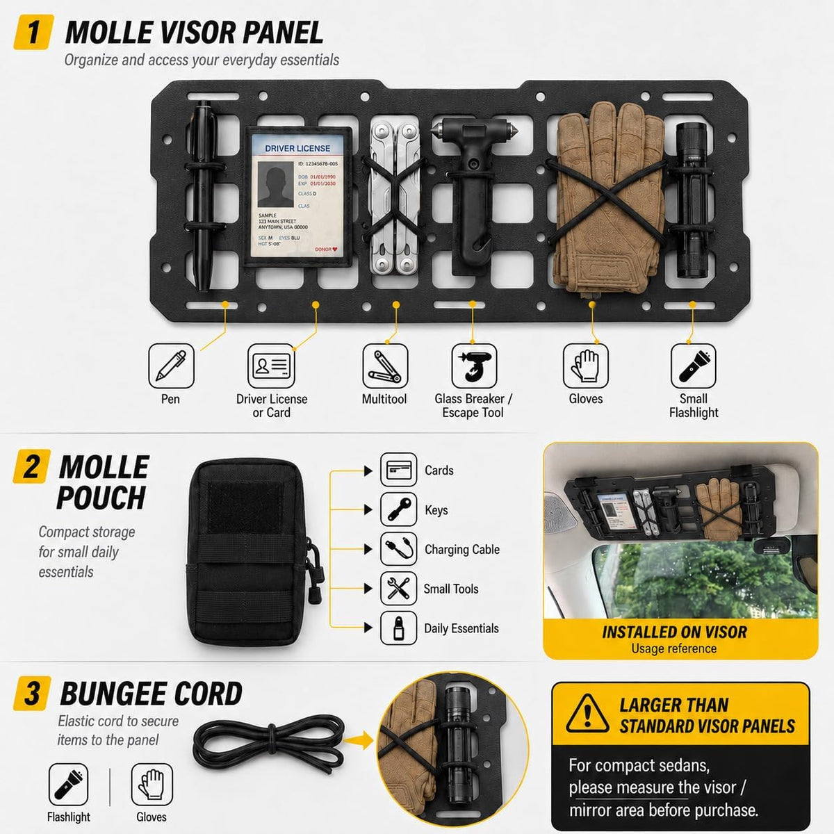 Visor MOLLE Organizer Panels for Car Sun Visor – Rigid ABS Sun Visor Organizer with MOLLE Webbing – Adjustable Fit for Truck SUV (2 Pack)