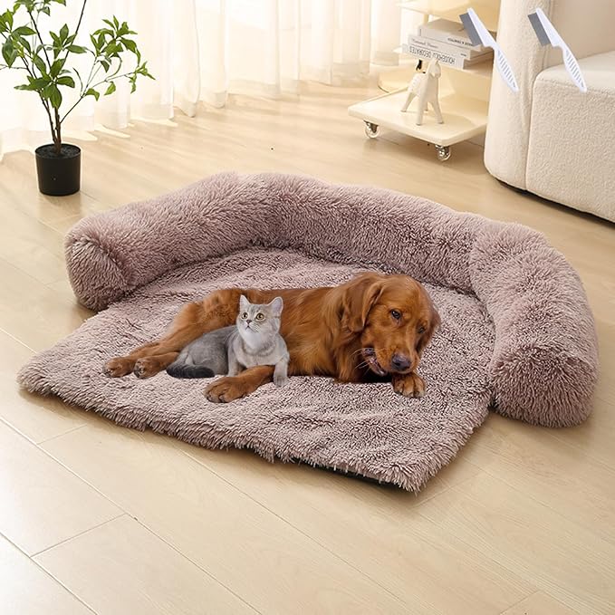 Dream Cloud Pet Sofa Bed for Dogs Cats, 2026 Washable Removable Calming Fluffy Plush Mat for Furniture Protector, Long Fur Non-Slip, for Small/Medium/Large Home Pets (Khaki, S：27.6 * 24in)