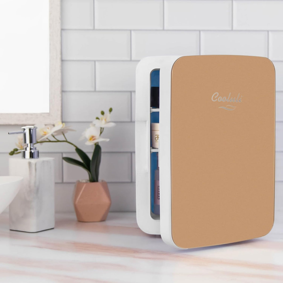 Cooluli 10L Mini Fridge for Bedroom - Car, Office Desk & College Dorm Room - 12v Portable Cooler & Warmer for Food, Drinks, Skincare, Beauty & Makeup - AC/DC Small Refrigerator with Glass Front, Gold