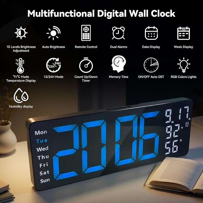 Digital Wall Clock Large Display, 17.3" Digital Clock