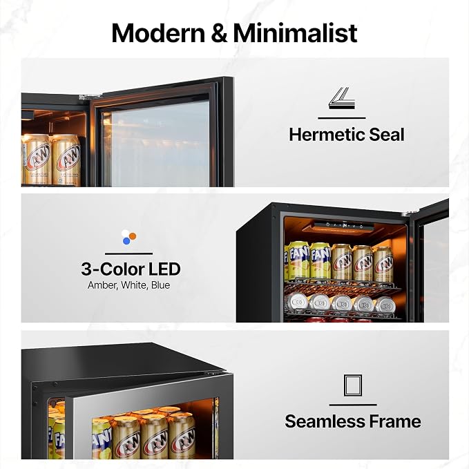 Ca'Lefort 105 Cans Mini Fridge, Beverage Refrigerator Cooler for Drink/Beer | 3.1 Cu.ft, Low-noise, Reversible Glass Door, 3-Color LED Lighting, Adjustable Shelves, 34℉ to 54℉