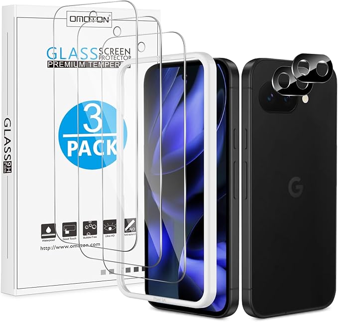 OMOTON 3+2 Pack for Google Pixel 9a Screen Protector 6.3 inch, 3 Pack Tempered