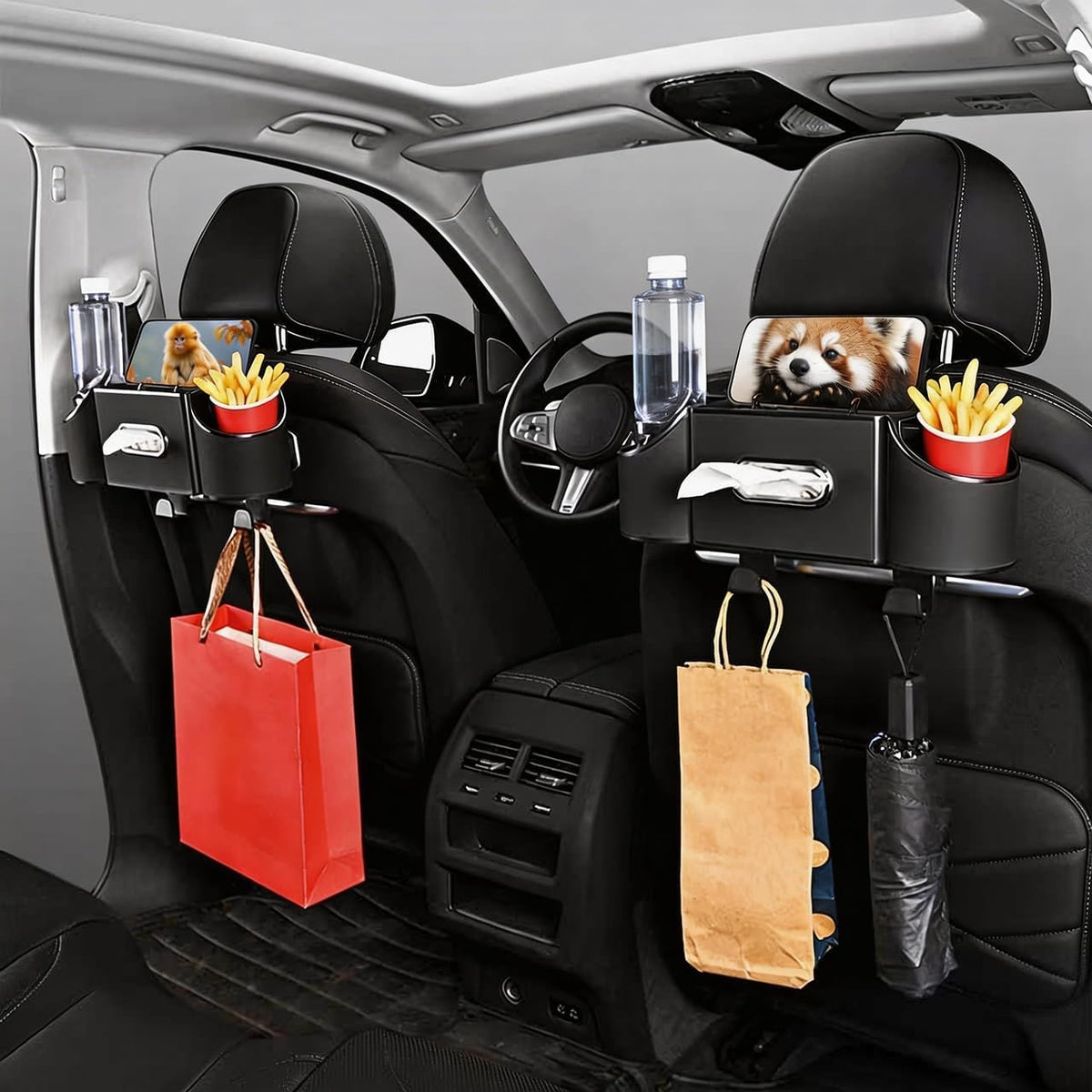 Back Seat Car Organizer,4 in 1 Multifunctional Car Back Seat Storage Box with Drink Cup Holder Tissue Box, for Hold Phone,Snacks, Drinks, Handbag-White