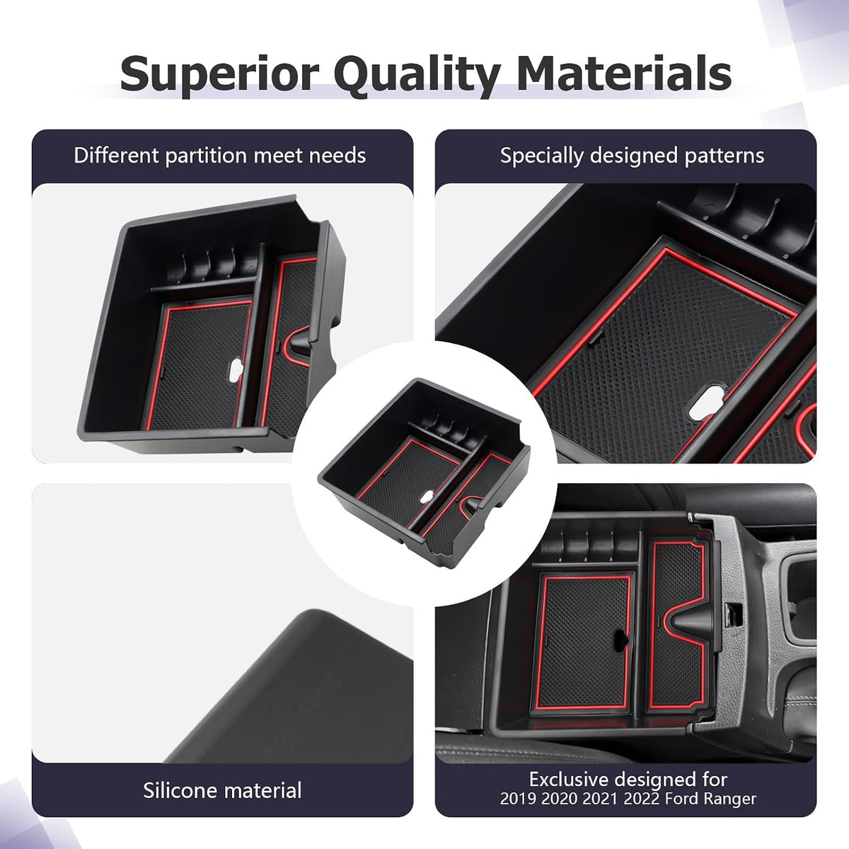 LUWU Ranger Center Console Organizer for 2019 2020 2021 2022 2023 Ford Ranger XL/XLT/Lariat/Raptor Accessories Armrest Console Storage Box Glove Organizer Tray ABS Material Red