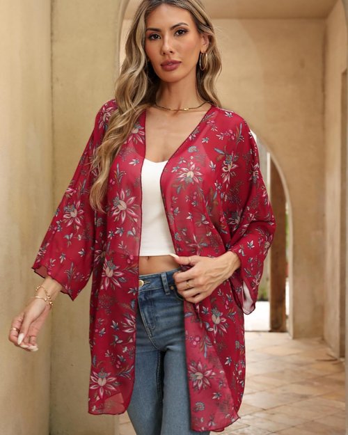 Argstar Women's Kimono Cardigan - Lightweight Chiffon Floral Cover-Up for Summer Beachwear | 3/4 Sleeve