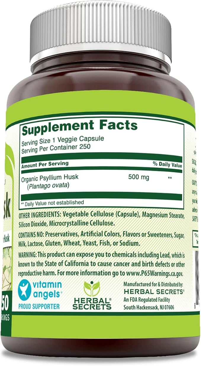 Herbal Secrets Psyllium Husk Supplement | 500 Mg | 250 Veggie Capsules | Non-GMO | Gluten Free | Made in USA