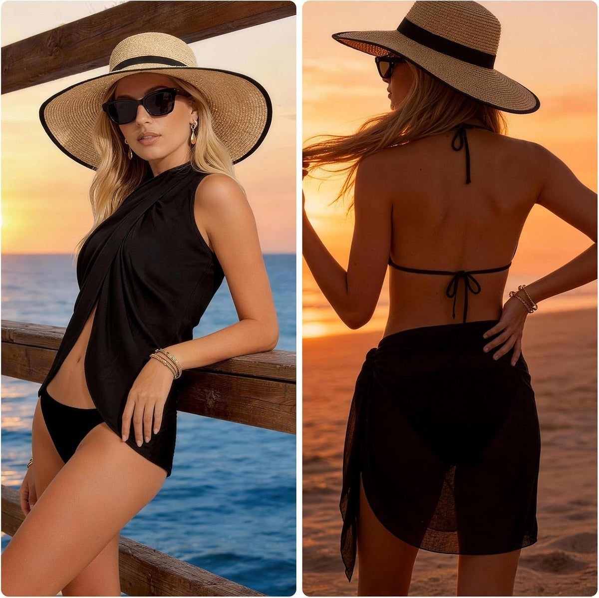 Skiennix Chiffon Sarong Wraps - Sheer Beach Cover-Up for Swimsuit | 2 Pcs One Size Set