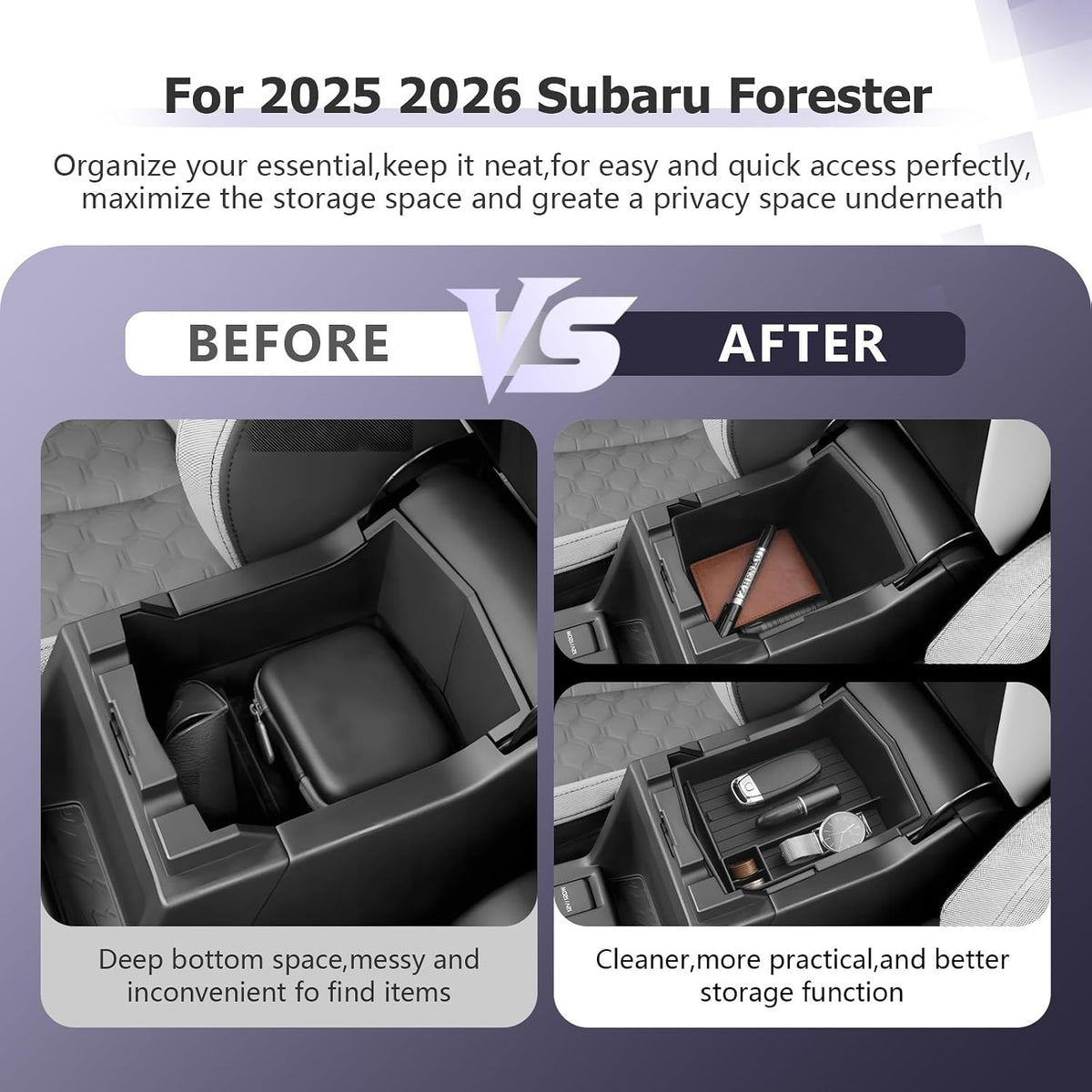 LUWU for 2025 2026 Subaru Forester Accessories for 2025 Forester Base/Sport/Limited Armrest Console Secondary Storage Box Insert Tray ABS Material Black 2-Pack(Not for 2026 Touring/Wilderness/Premium)