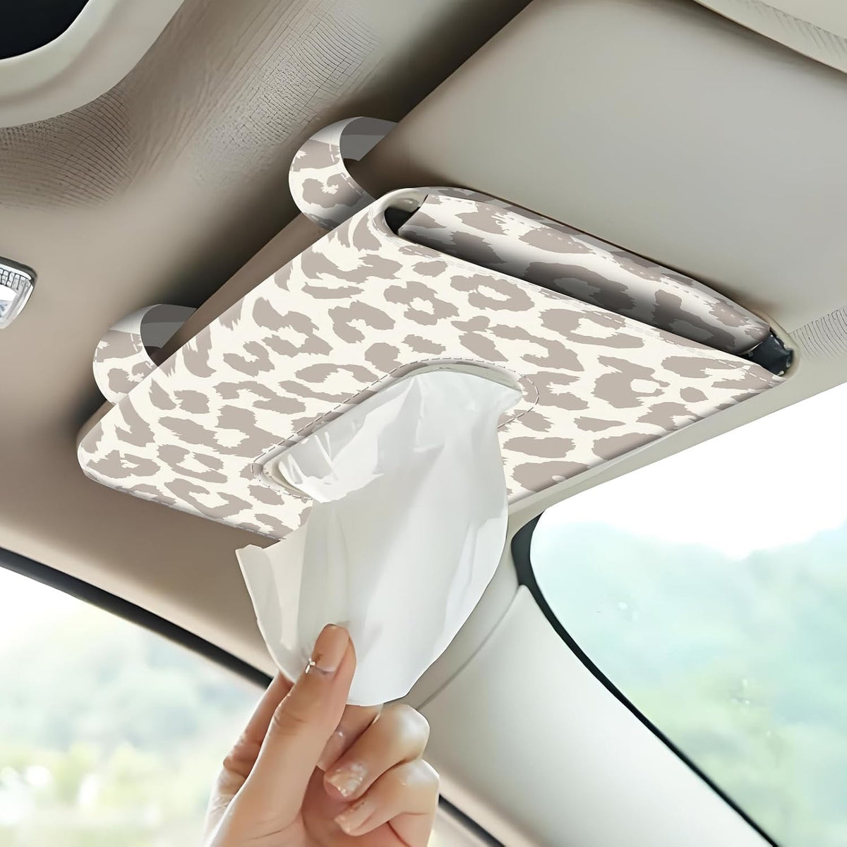 Car Tissue Holder, Cute Sun Visor Napkin Holder Backseat Tissue Case, PU Leather Tissue Box, Funny Car Accessories for Women Men Luxury Grey Leopard