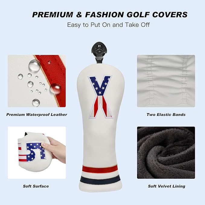 Golf Head Covers, 4pcs or 1pc USA Stars and Stripes Golf Club Covers for Woods and Driver Fairway Hybrid, PU Leather Golf Club Head Covers for Men Women with Interchangeable Tags, Fits Most Golf Clubs