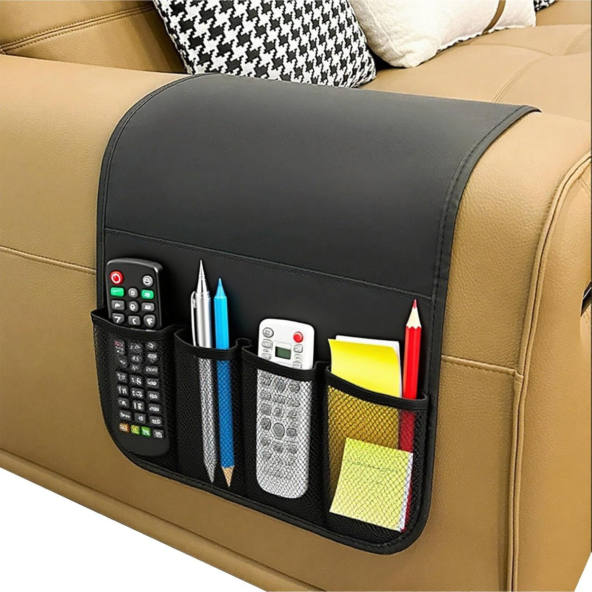 IPENNY No-Slip PU Leather Sofa Armrest Organizer, Remote Control Holder Arm Chair Beside Storage Bag for Recliner with 5 Pockets (Brown)