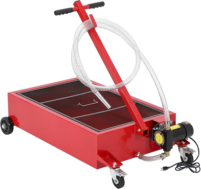 GarveeTech Low Profile Oil Drain Pan 110V, 25 gal Metal Oil Change Pan Large Capacity with 180W Electric Pump, 8 ft Hose & Folding Handle for Cars, SUVs, Trucks, Buses, RVs, Red