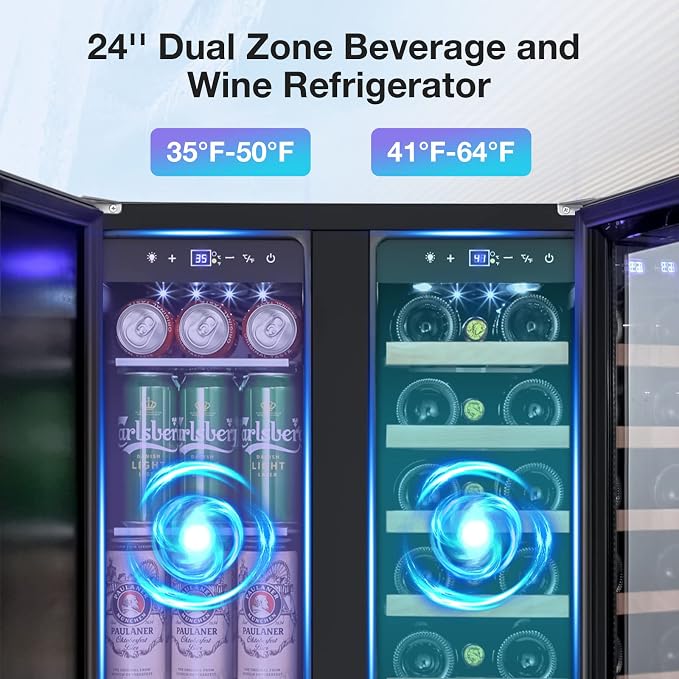 Wine and Beverage Refrigerator, 24 Inch Dual Zone Wine Beverage Cooler, Holds 20 Bottles and 88 Cans, Built-In and Freestanding, Seamless Glass Door, Under Counter Beer Wine Refrigerator
