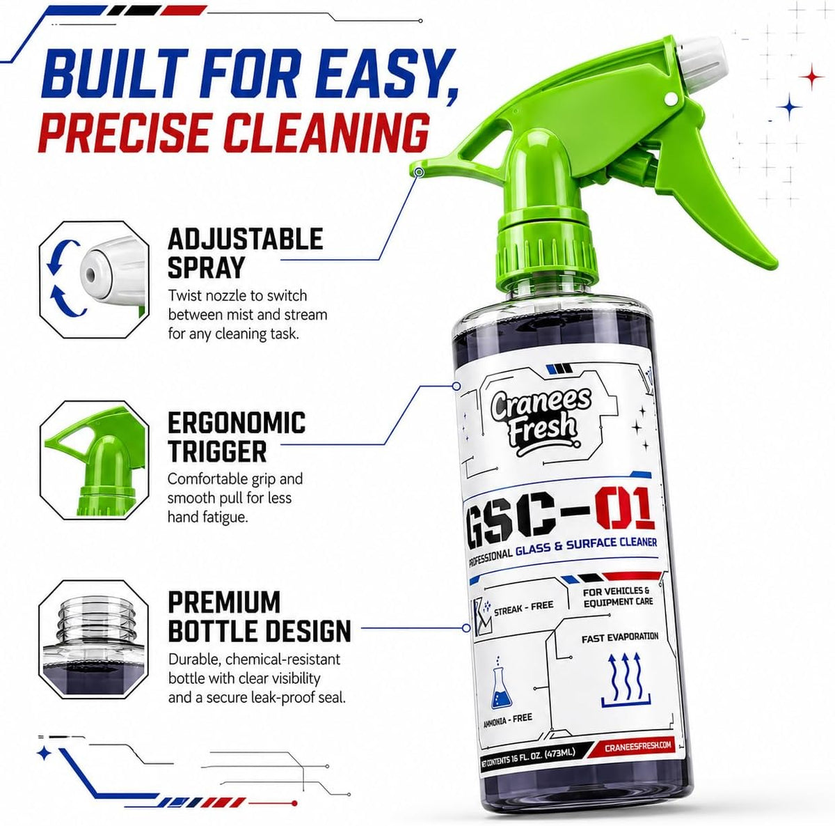Glass & Surface Cleaner Spray, Streak-Free, Ammonia-Free, Tint Safe, Made in USA Car, Home, Shower Glass, Mirror & Multi-Surface Cleaner with Leak-Resistant Sprayer (16oz) | Streak Free Window Cleaner, Ammonia Free, Tint Safe, Fast Evaporating Formula