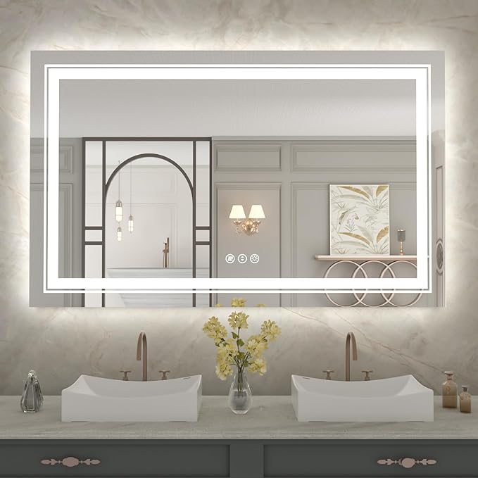 WTTY 48x30 LED Bathroom Mirror with Lights, Front and Backlit Lighted Bathroom Vanity Mirrors for Wall, Dimmable Wall Mirrors for Bathroom, Anti-Fog, Memory, Shatter-Proof, Double LED Vanity Mirror