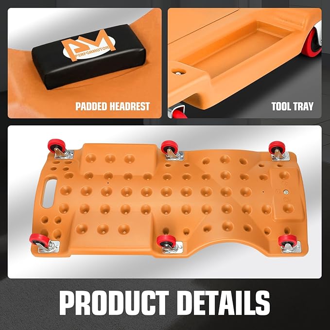 PM PERFORMOTOR 36" L X 17" W x 4.25" H Vehicle Repair Low Profile Automotive Creeper w/Padded Headrest, Orange, PM-TOL-CPC36-OG