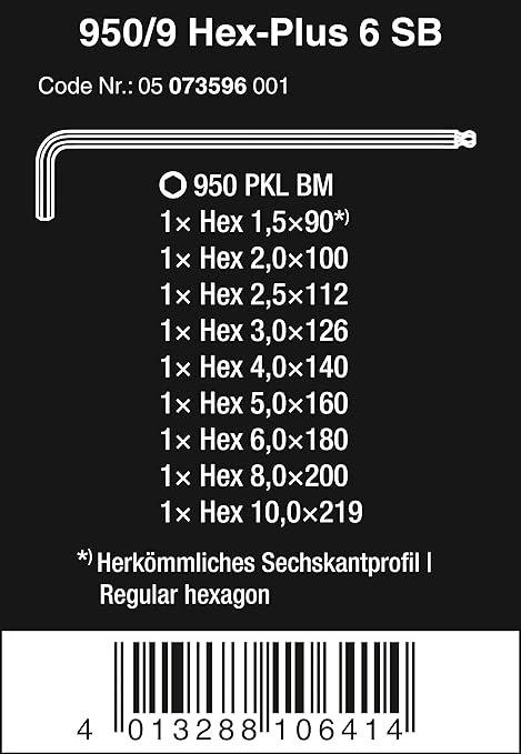 Wera - 5073596001 Hexagon 950 PKL/9 BM SB L-Key Set, BlackLaser, Ballpoint Hex Key, 9 Piece