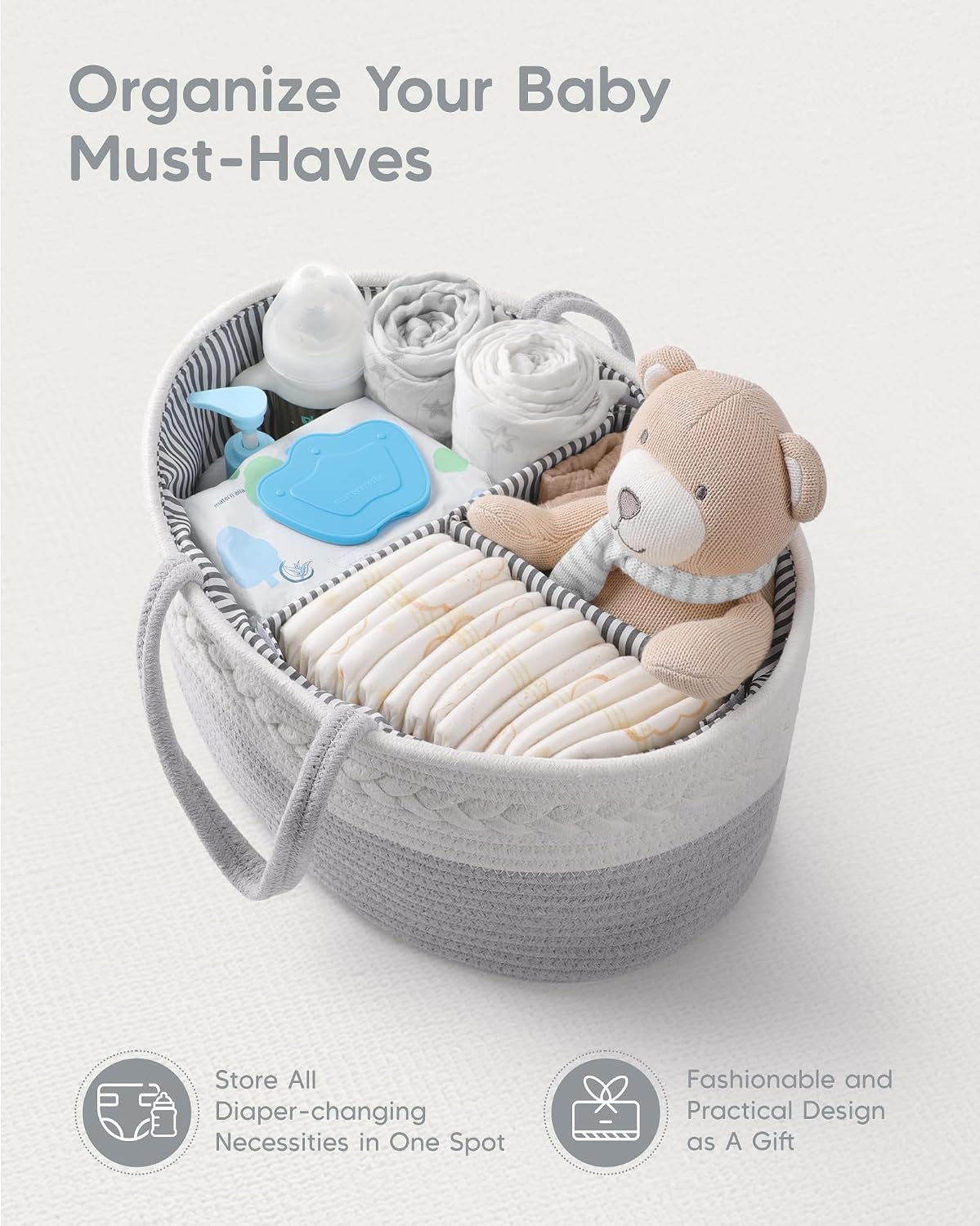 Maliton Diaper Caddy Organizer for Baby Boy- Cotton Rope for Changing Table, Nursery Storage, Newborn Baby Must Have Items