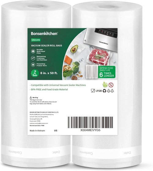 Bonsenkitchen Vacuum Sealer Bags - Heavy Duty 8" x 50' Rolls, BPA-Free for Food Storage & Sous Vide Cooking