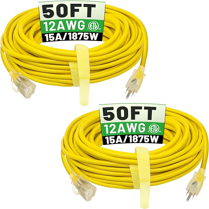 POWGRN 2 Pack 50 ft 12/3 Outdoor Extension Cord Waterproof Heavy Duty with Lighted Indicator End 12 Gauge 3 Prong, Flexible Cold-Resistant Long Power Cord Outside, 15Amp 1875W SJTW Yellow ETL Listed