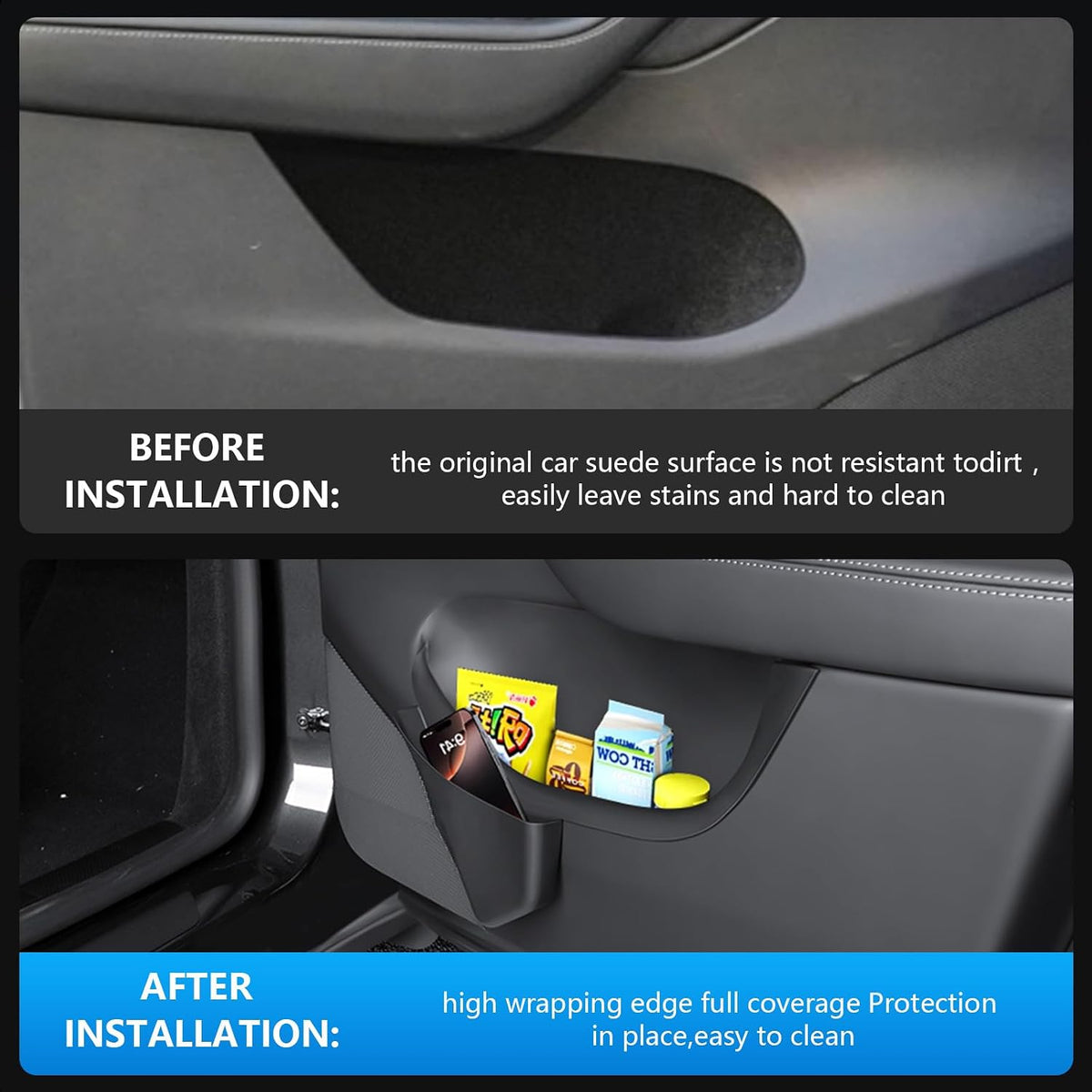 Door Side Storage Box Compatible with 2025 2026 Tesla Model Y Juniper Accessories, Full Cover TPE Door Pocket Liner Organizer with Emergency Mechanical Release Handle, 4PCS Front Rear Set (Black)