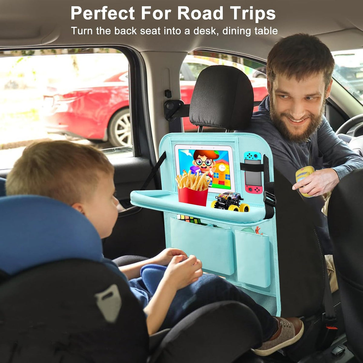 2Pack Car Backseat Organizer with Foldable Table Tray,6 Storage Pockets Car Storage Organizer with Tablet Holder,Car Seat Back Protectors Kick Mats Travel Accessories Blue
