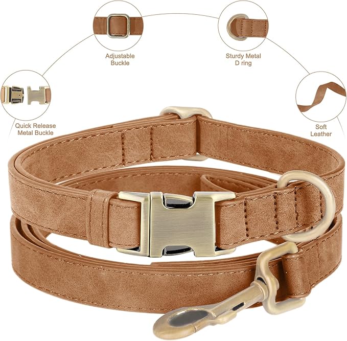 Genuine Leather Dog Collar - Adjustable Pet Collar with Quick Release Metal Buckle, Soft Skin Friendly Real Leather Collar for Small, Medium, Large Dogs (Brown Collar + Rope, S：Fit 8-16" Neck)