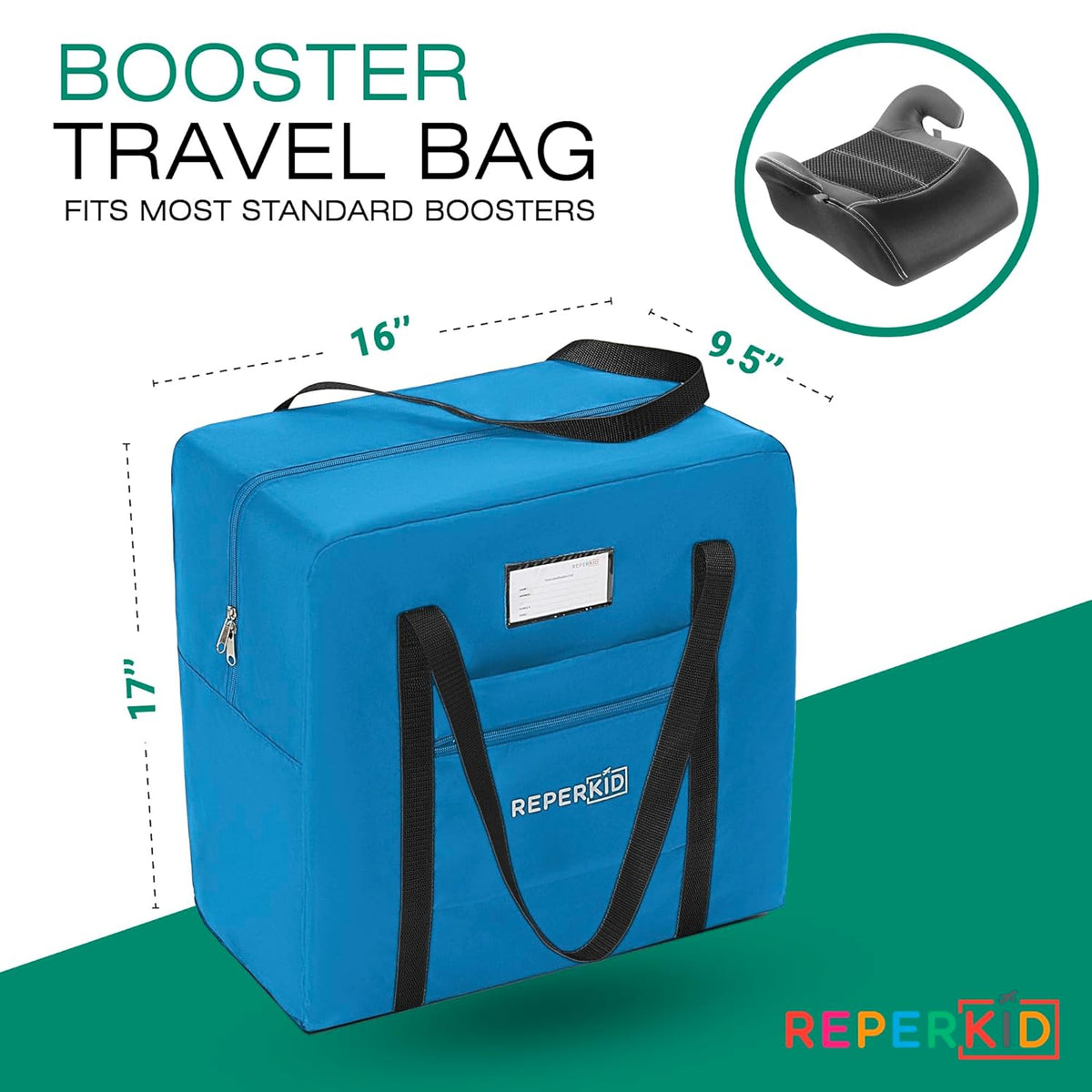 Reperkid Booster Seat Travel Bag for Airplane, Blue, 17" H x 16.5" W x 9.5" D, Compatible with Gb Pockit Stroller and Most Boosters– Premium Waterproof Cover, Hand Bag Design, Durable Zipper